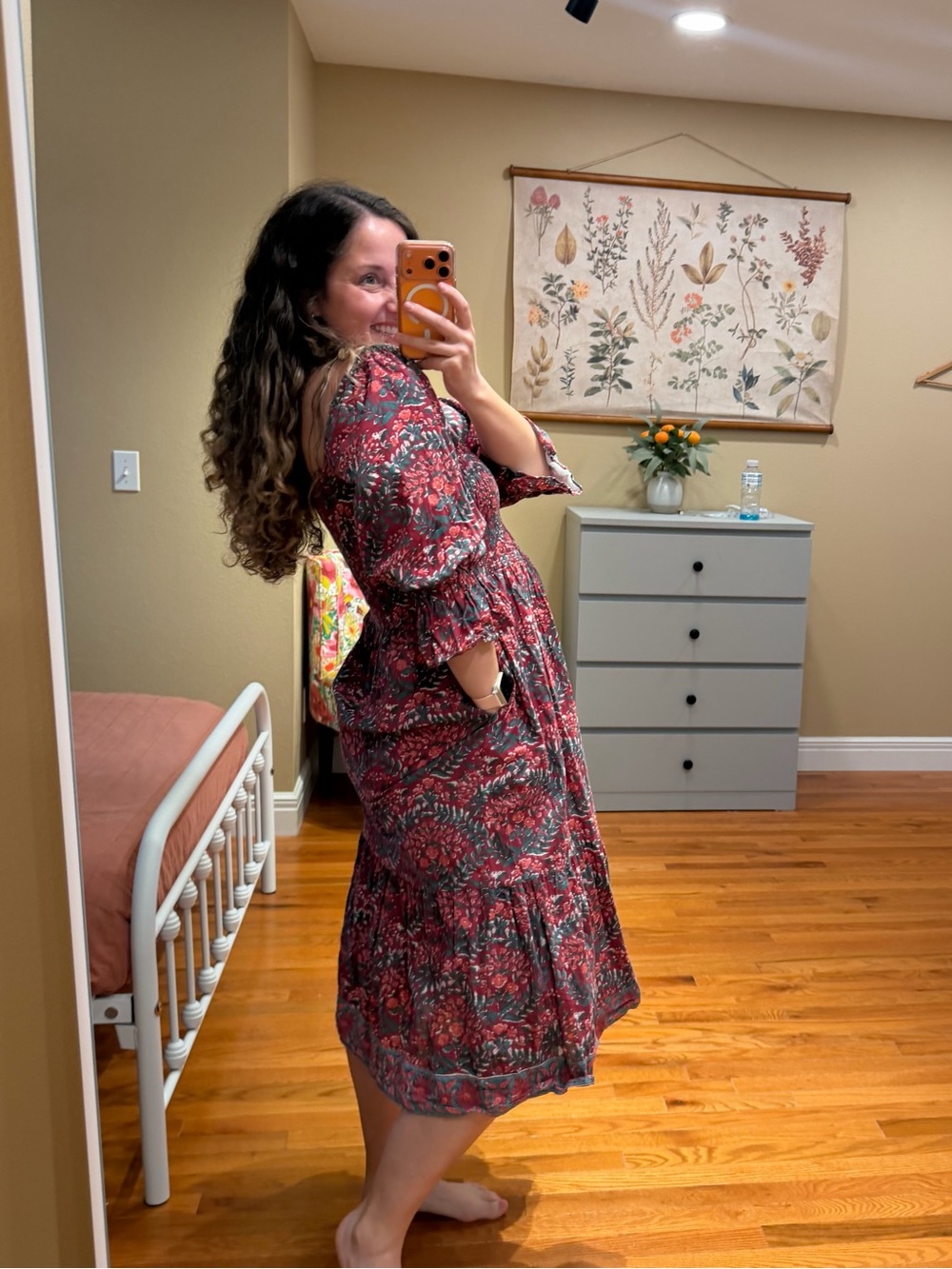 Victoria Dunn Cotton Square-Neck Red Floral Midi Dress - Women Small - Picture 3 of 14